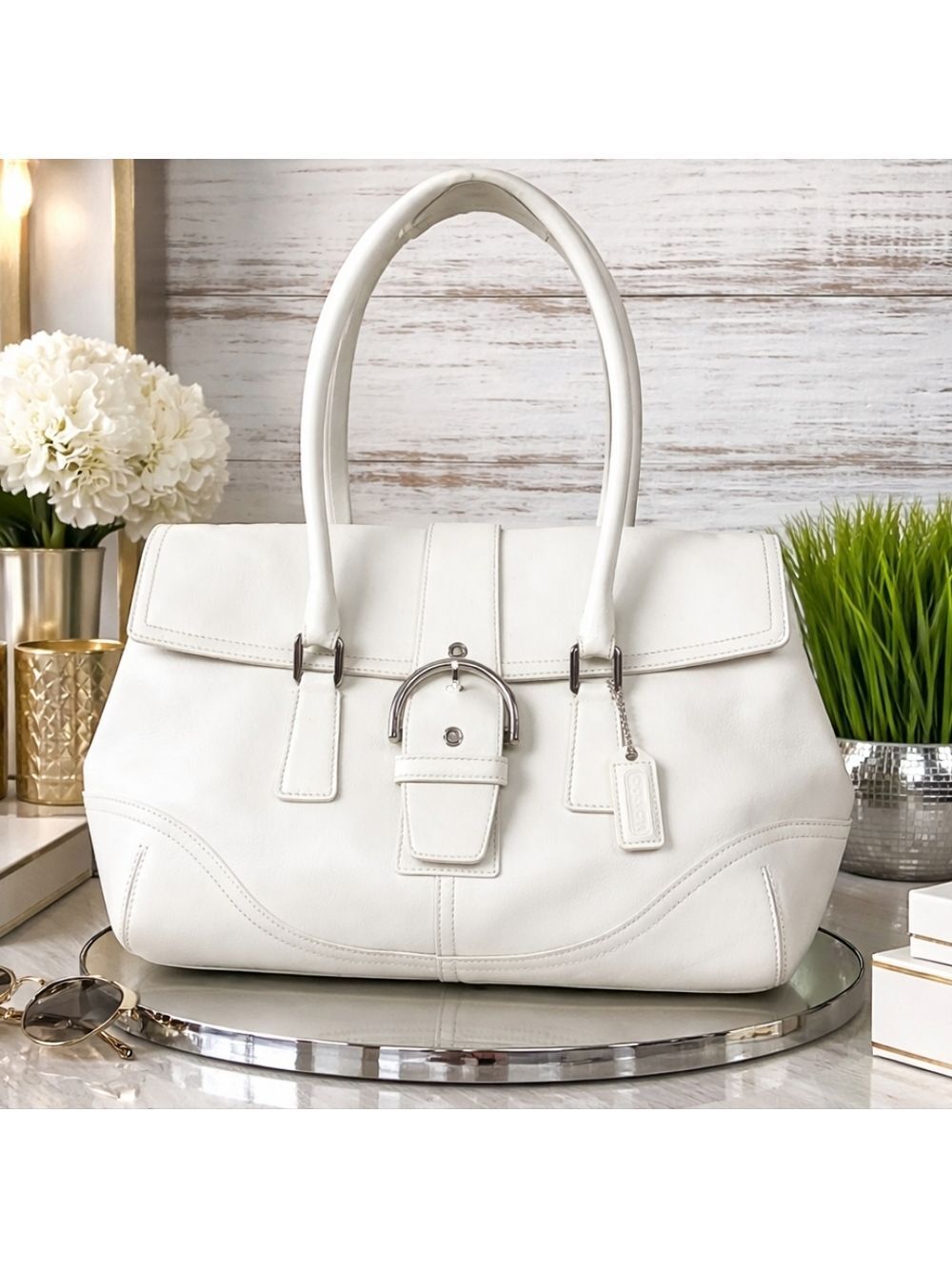 Coach Buckle Vintage Hand Shoulder Bag Soho‎ White Leather Satchel Silver Hardwa - Picture 4 of 16